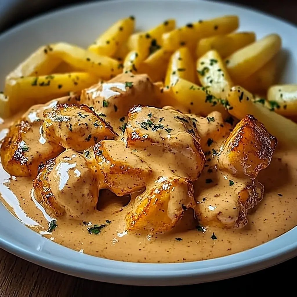 Butter Chicken mit Knoblauchsauce und knusprigen Pommes