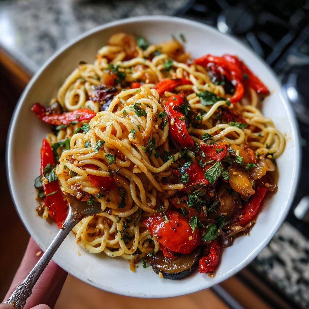 Mittagessen mit Gemüse und Nudeln