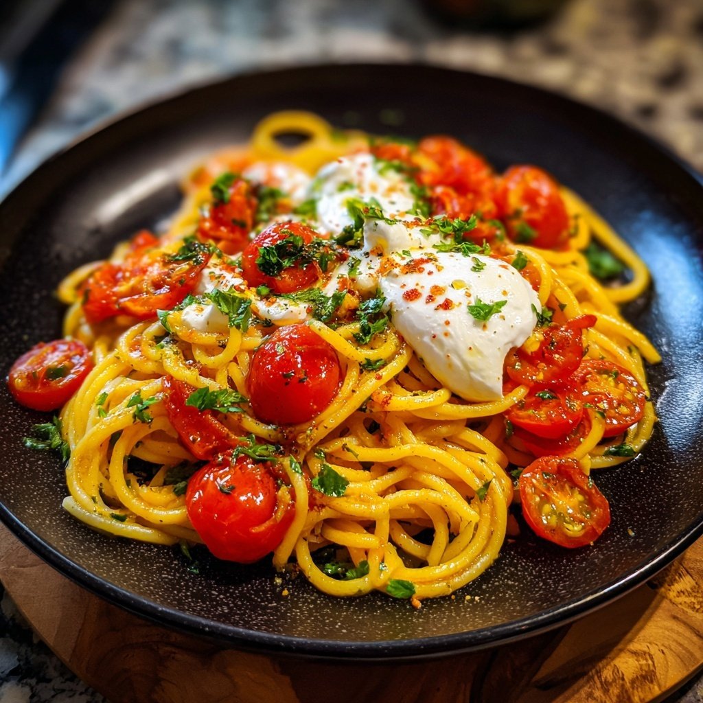 Spaghetti mit Tomaten und Burrata
