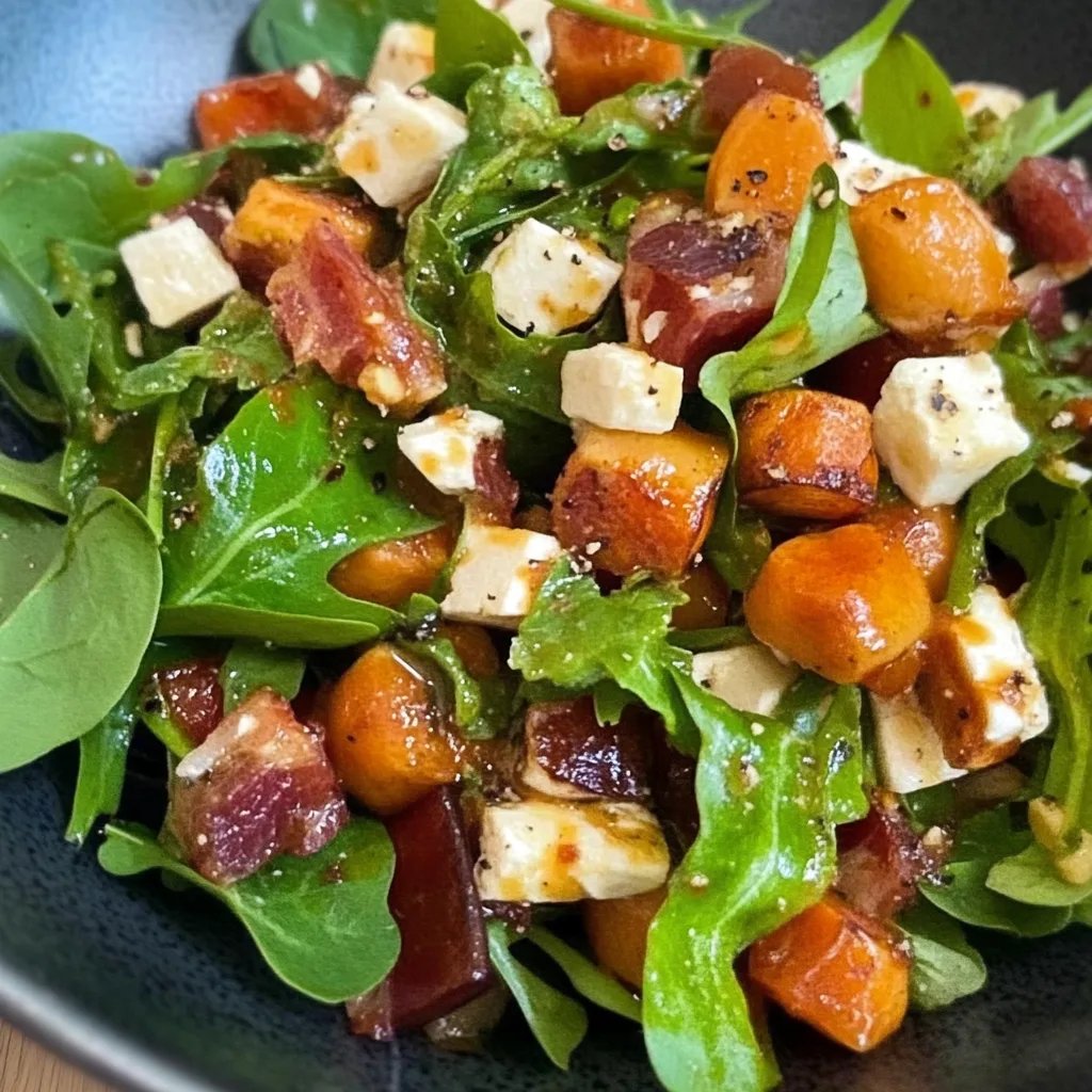 Winterlicher Salat mit Bacon, Feta, Süßkartoffel, Kichererbsen und Balsamico Dressing