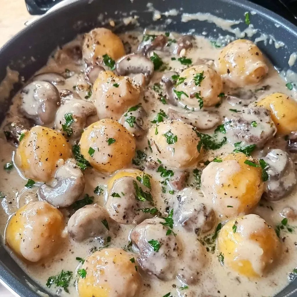 Knödelpfanne mit Pilz-Sahnesauce